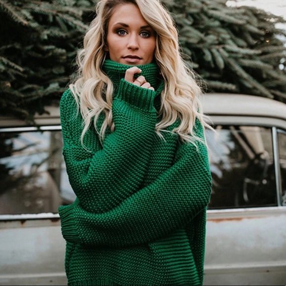 Green Turtleneck Chunky Sweater - Picture 2 of 5